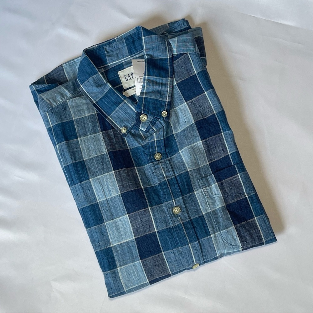 NWT GAP Men's Casual Blue Slim Fit Checkered Long Sleeve Cotton/Linen Shirt Sz L